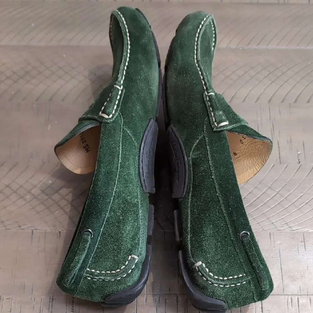 Salvatore Ferragamo Billy 2 Green Suede Driving Loafers Sz 9